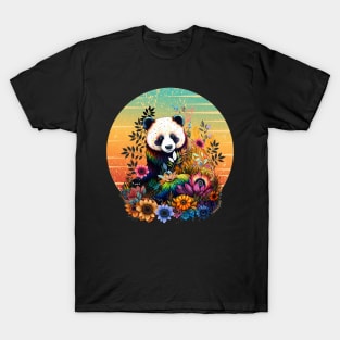 Colorful funny Panda with Sunset, floral tattoo, panda bear rainbow color, colored T-Shirt